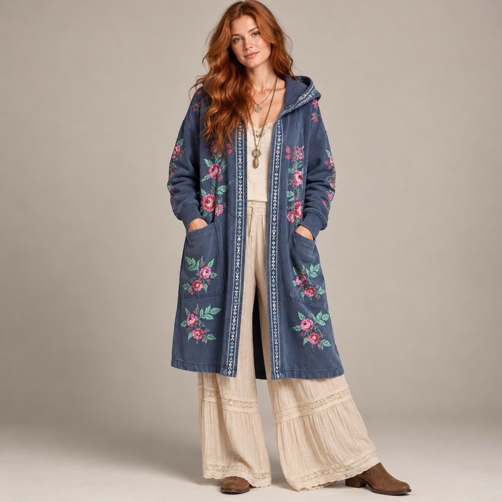 Sundance M Blue Floral Embroidered Hooded Long Cardigan Coat Boho Cottagecore